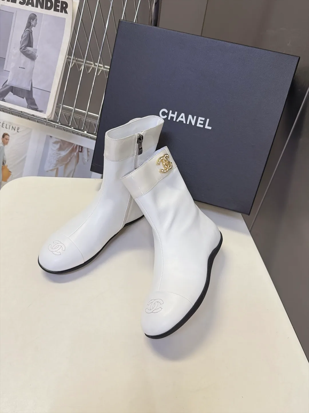 Chanel Calfskin Glossy Pointed-Toe Ankle Boots in White · view 4