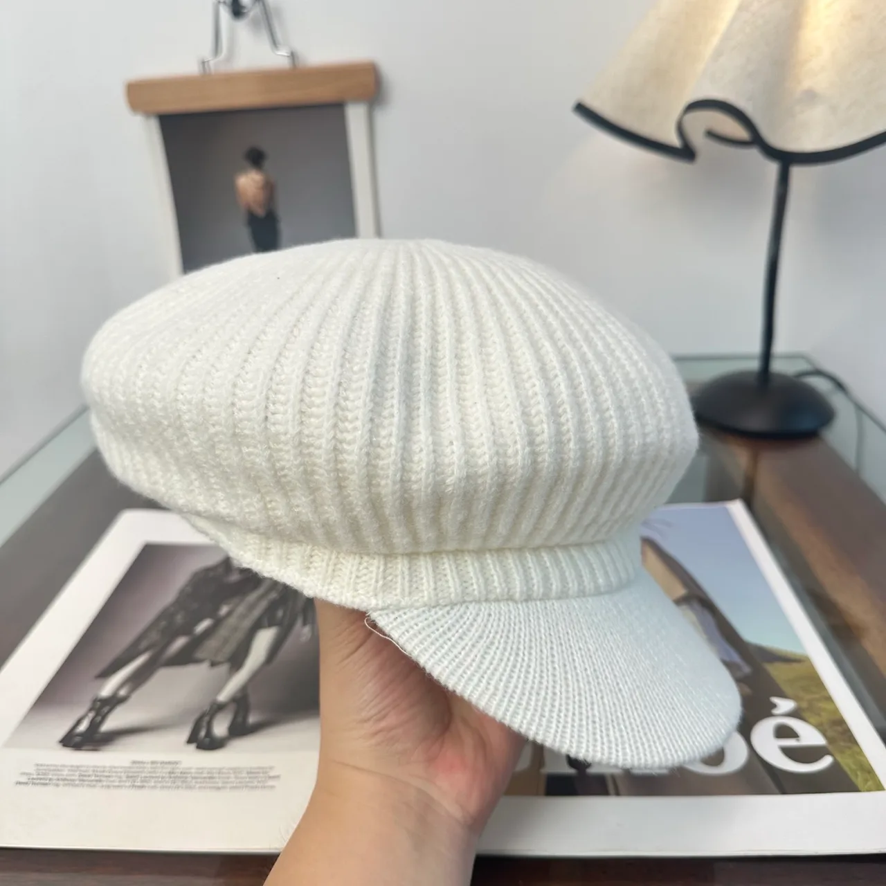 Miu Miu Ribbed Newsboy Cap in White · view 6