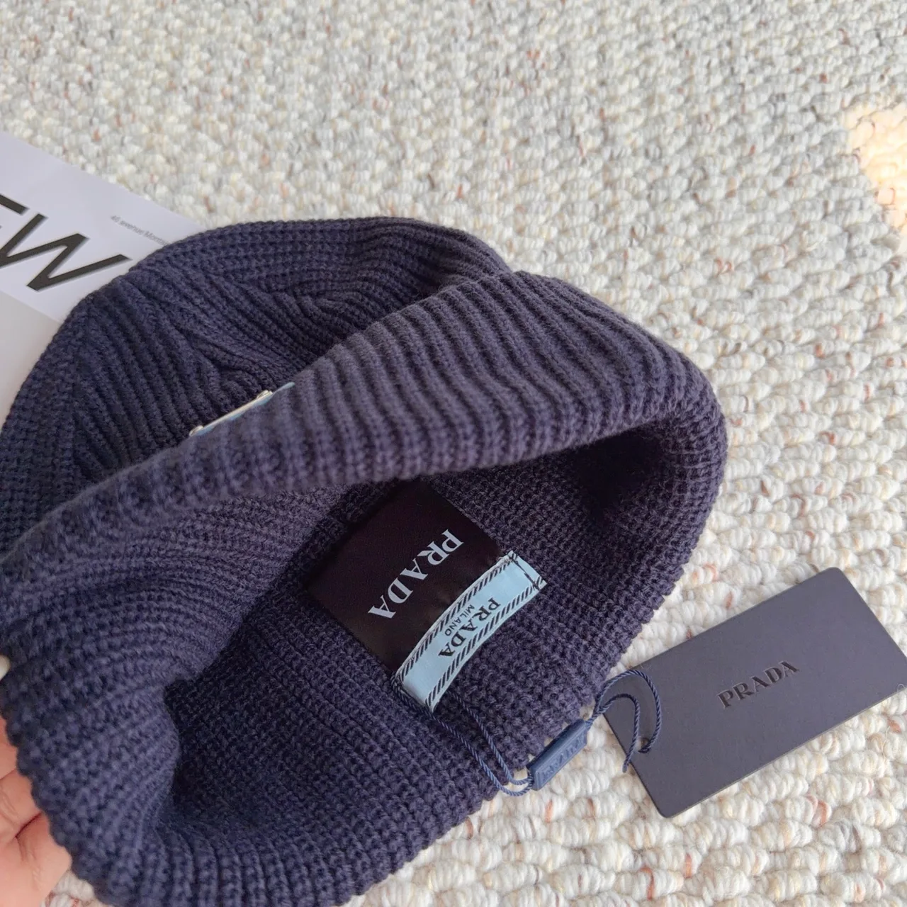 Prada Ribbed Beanie in Blue · view 4