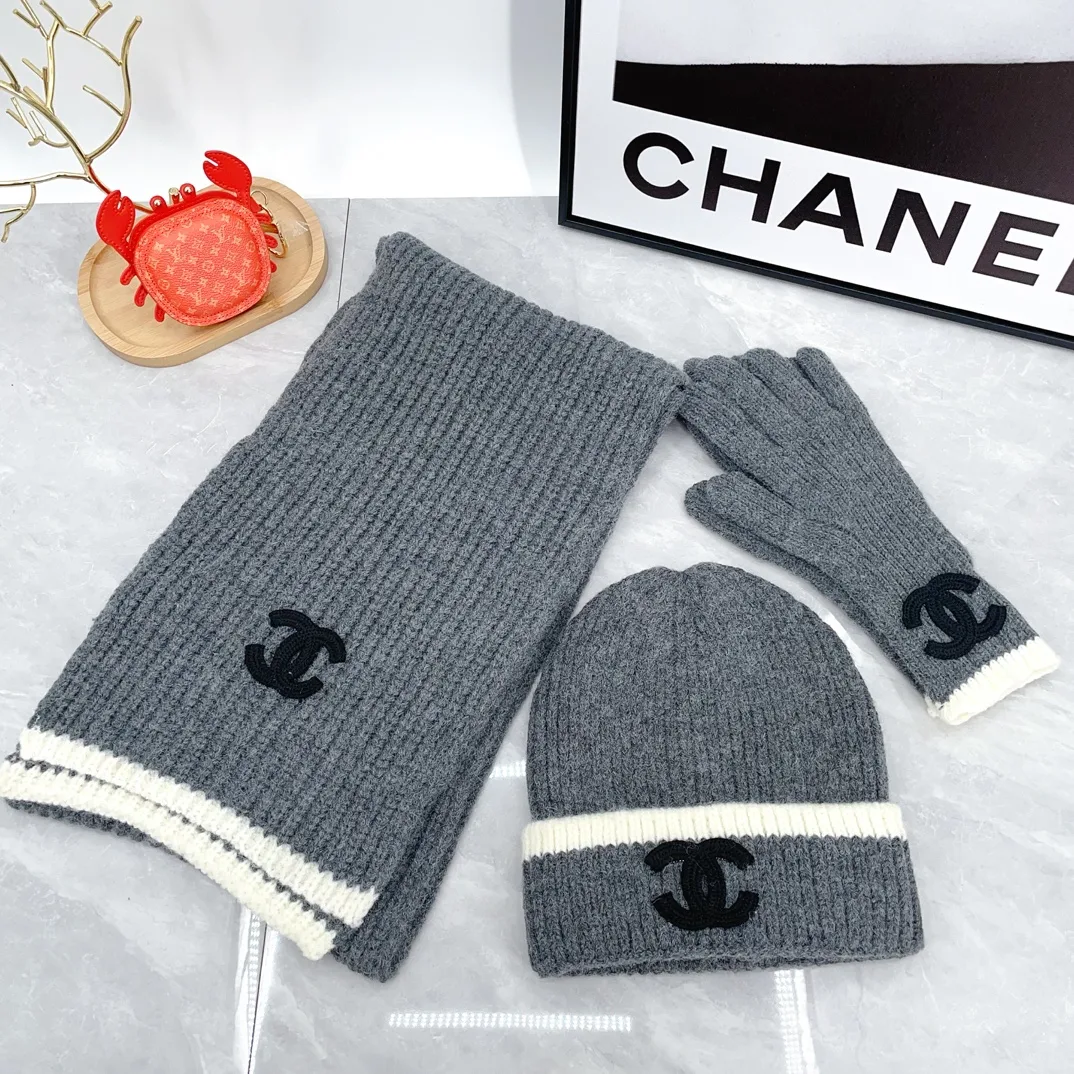 Chanel Striped Beanie, Scarf and Gloves Set in Grey · view 1