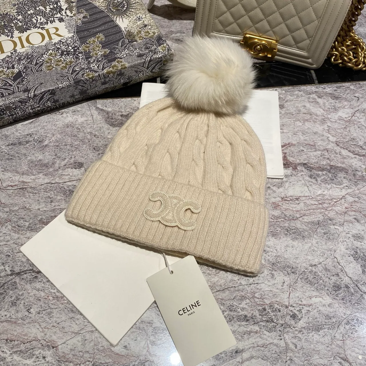 Celine Triomphe Pom Beanie in Black & White & Grey & Brown & Blue & Red & Pink · view 6
