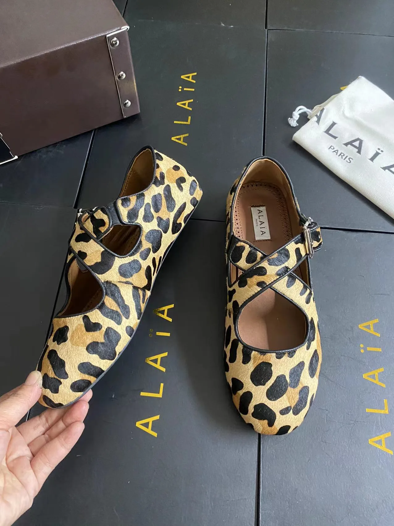 Alaia Cowhide Sheepskin Round-Toe Buckle Ballet Flats in Brown · view 7