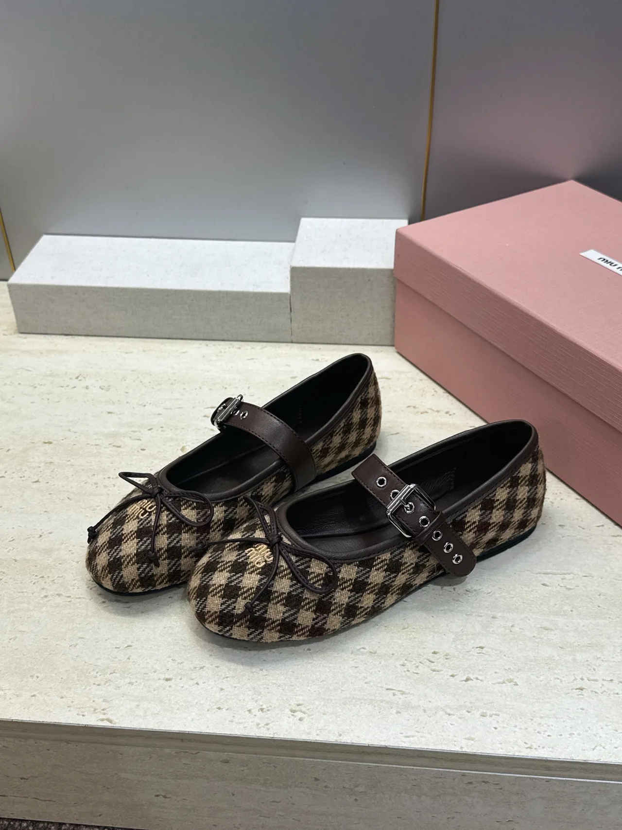 Miu Miu Calfskin Check Round-Toe Mary Jane Flats in Brown · view 3