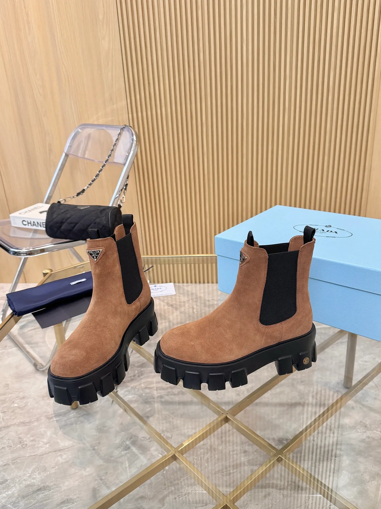 Prada Suede-Look Chelsea Boots in Brown · view 3