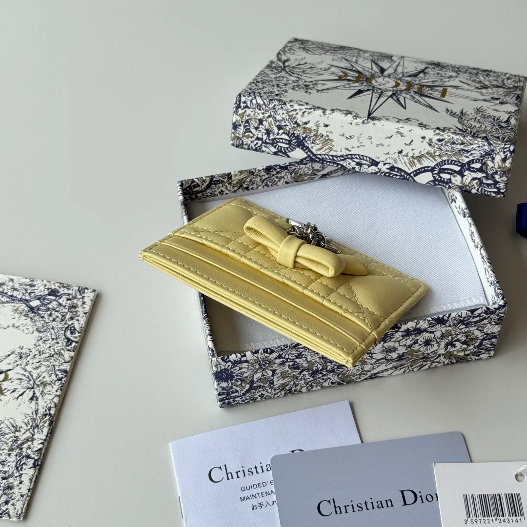 Dior Lambskin Quilted Glossy Bow Cardholder in Yellow · view 5