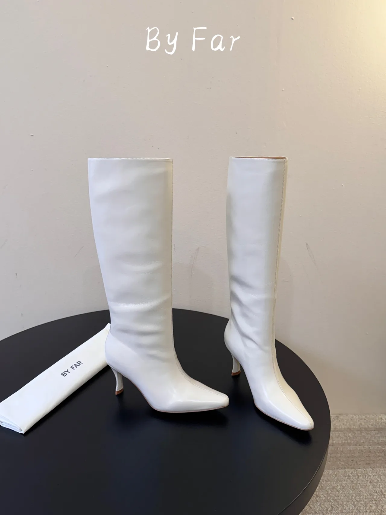 By Far Glossy Pointed-Toe Knee-High Boots in White · view 4