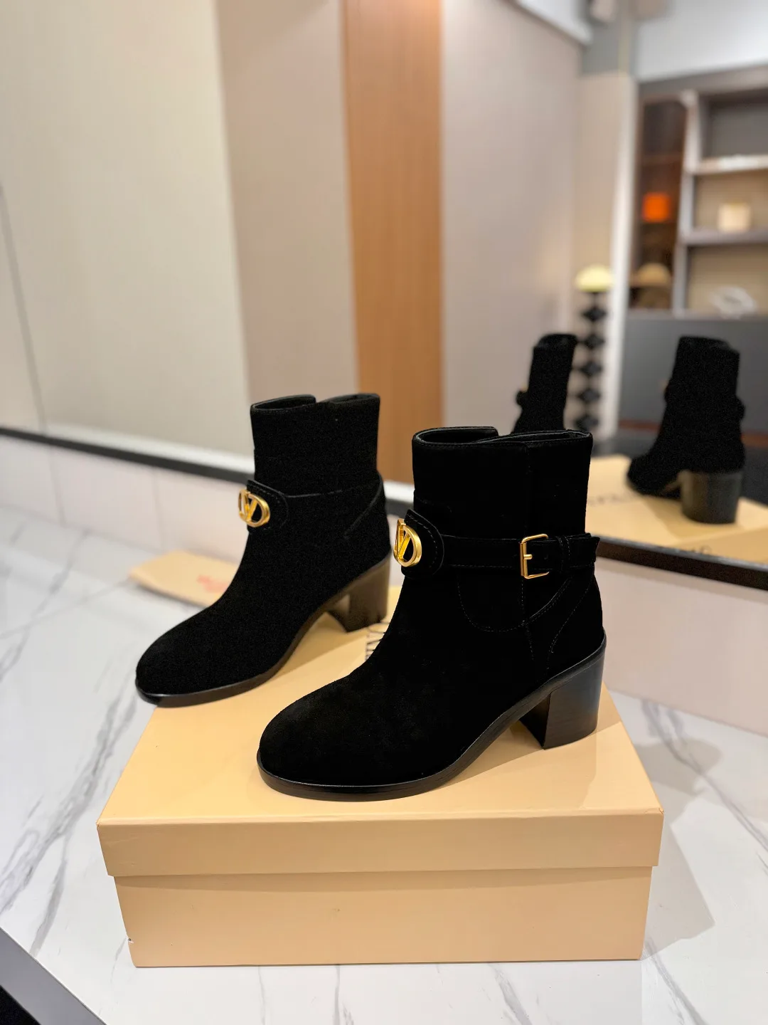 Valentino Calfskin Suede-Look Round-Toe Ankle Boots in Black · view 2