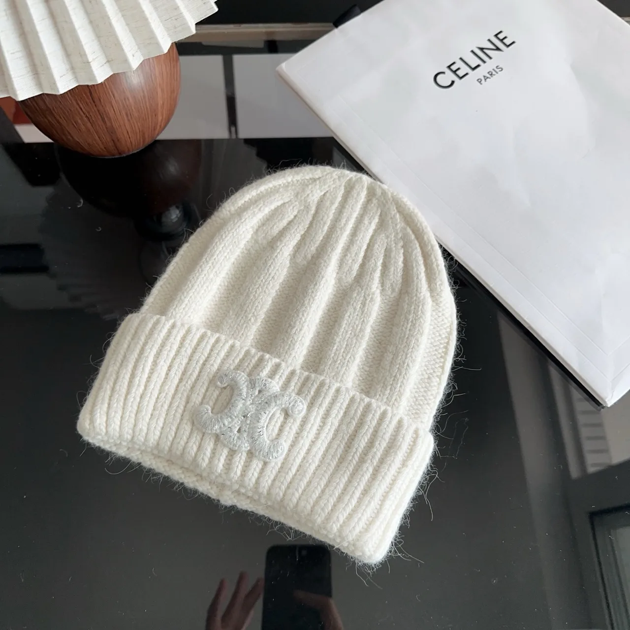 Celine Ribbed Glossy Beanie in White · view 2