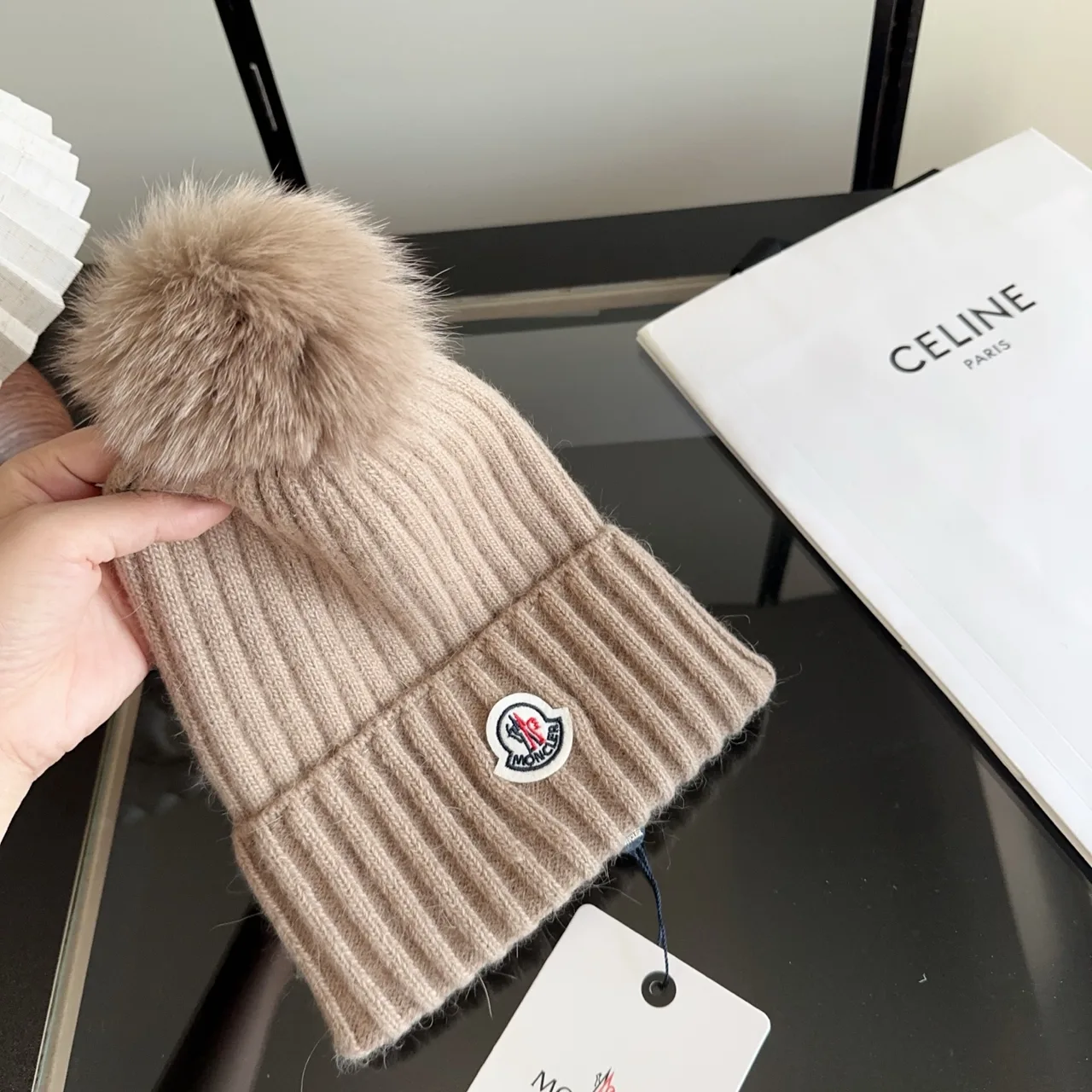 Moncler Ribbed Beanie in Beige · view 6
