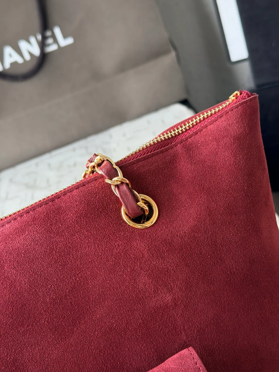 Chanel Leather Glossy Suede-Look Tote in Burgundy · view 7