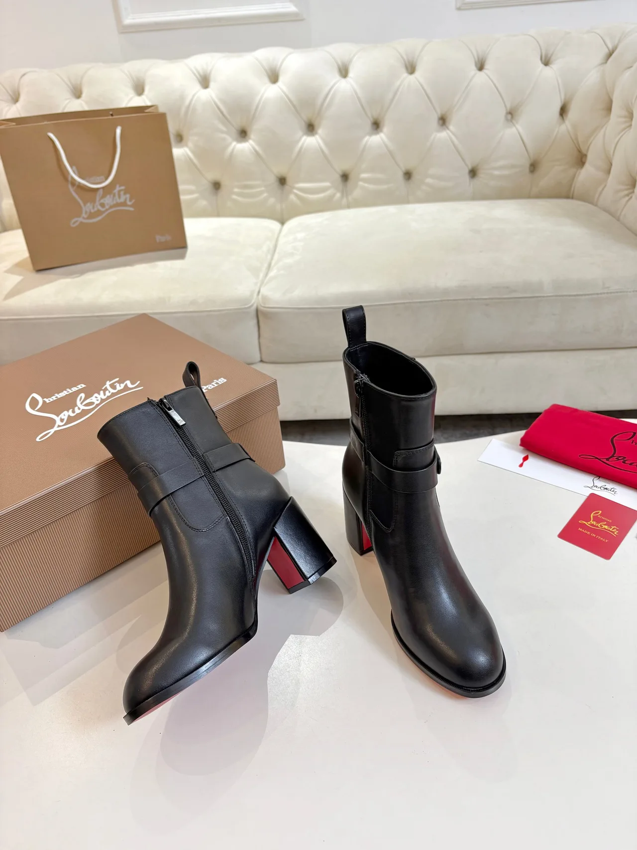 Christian Louboutin Calfskin Glossy Buckle Ankle Boots in Black · view 4