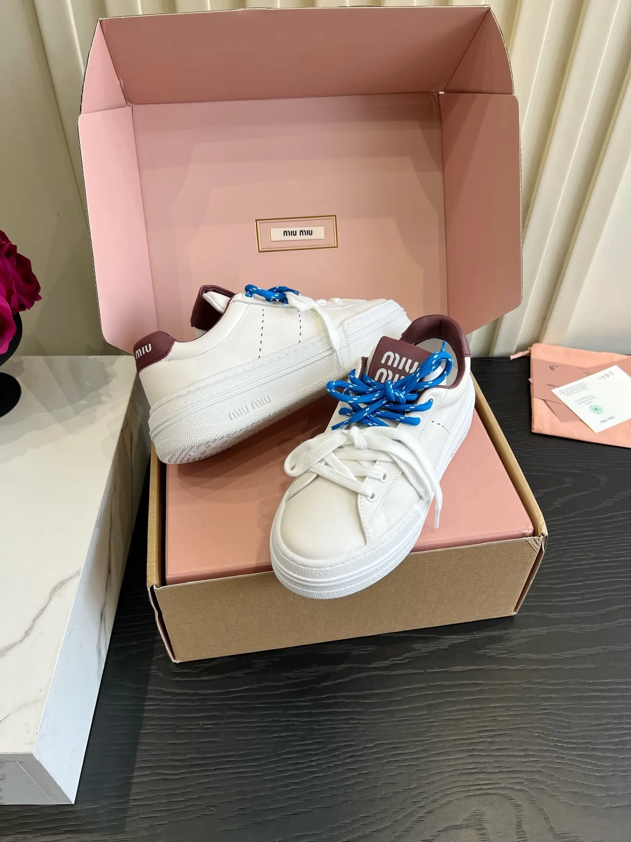 Miu Miu Cowhide Denim Smooth Sneakers in White · view 4