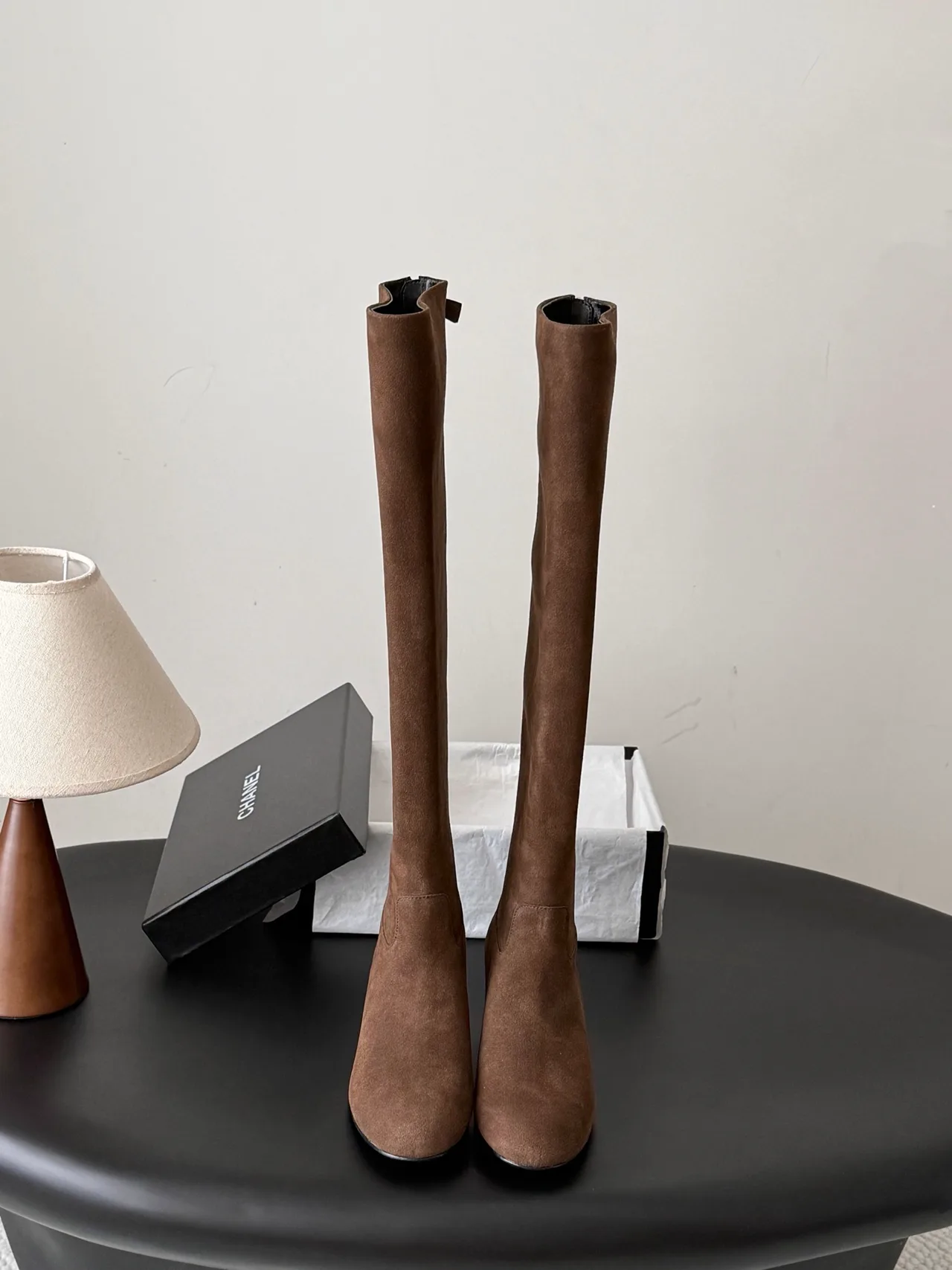 Chanel Sheepskin Glossy Suede-Look Pointed-Toe Knee-High Boots in Brown · view 1