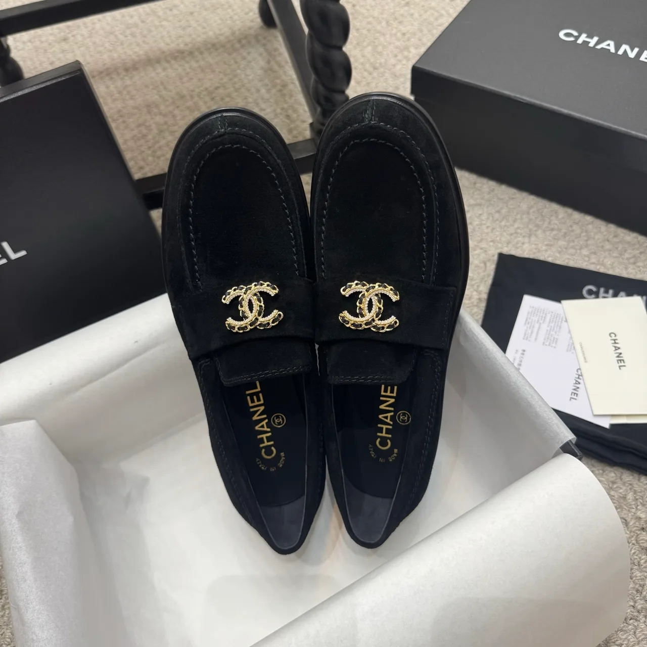 Chanel Cowhide Glossy Loafers in Black · view 3