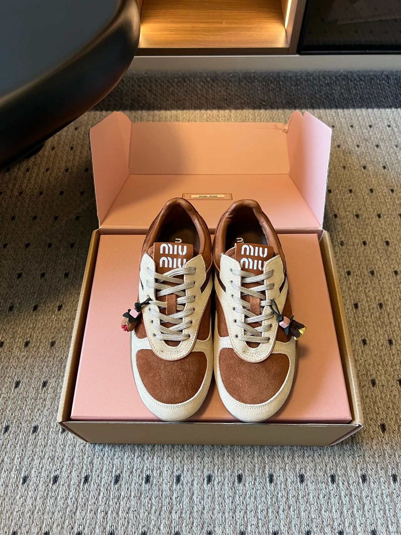 Miu Miu Suede-Look Round-Toe Low-Top Sneakers in Brown · view 1