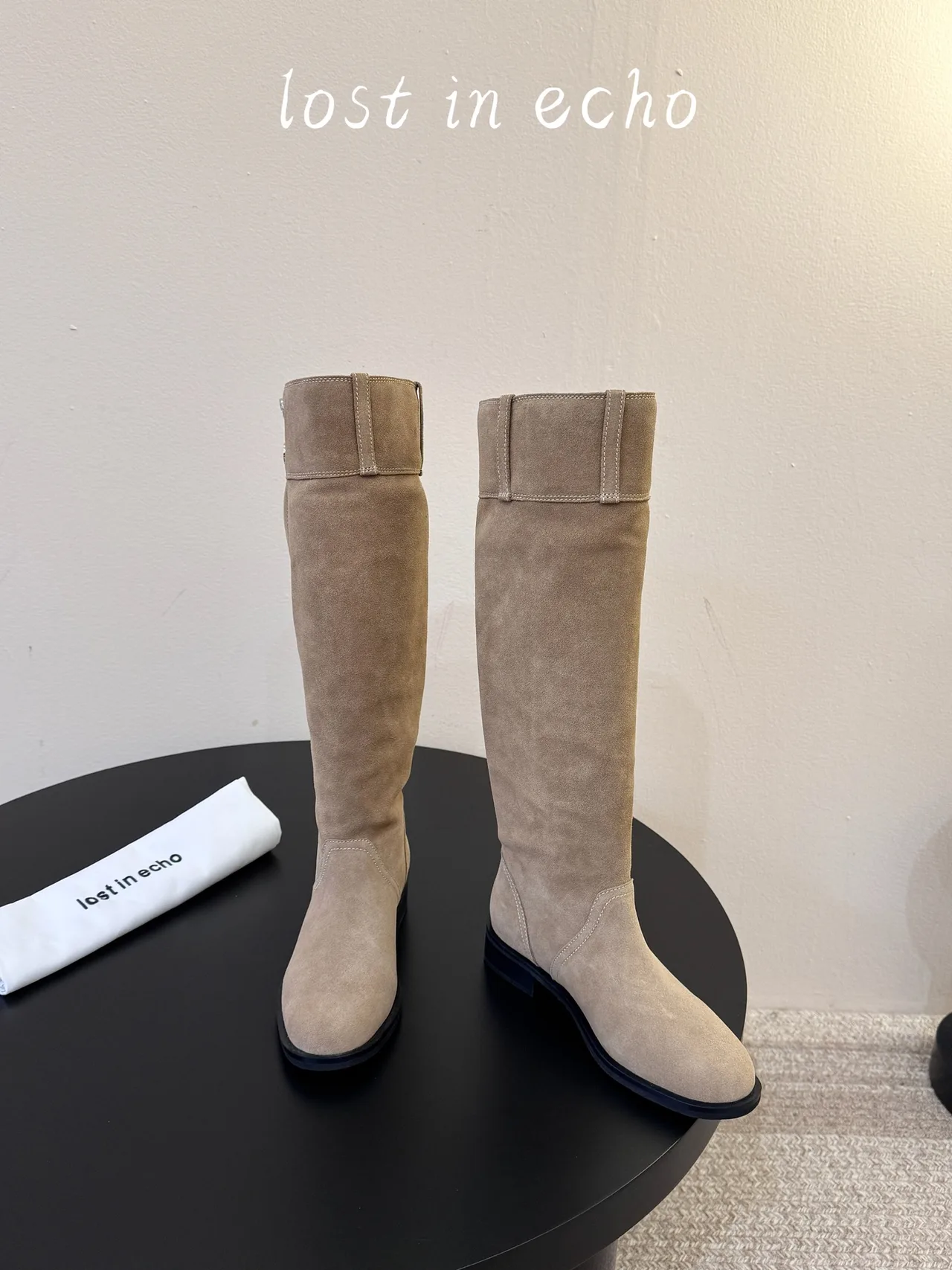 Lost in Echo Suede-Look Round-Toe Knee-High Boots in Beige · view 1