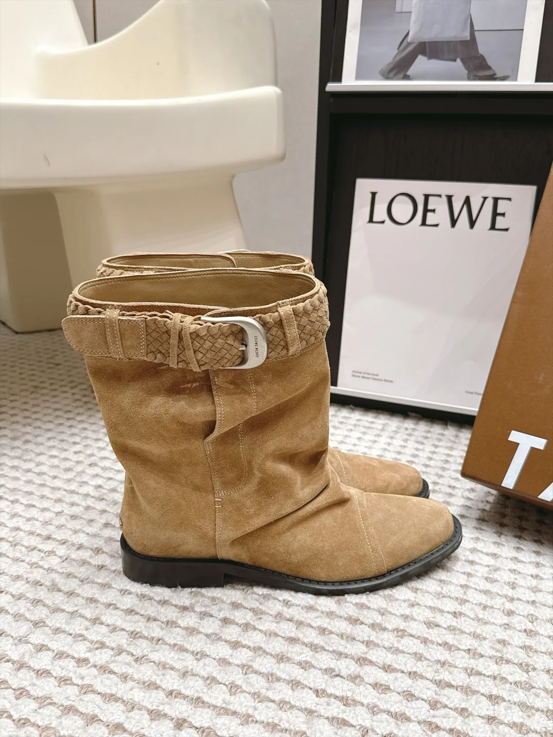 Loewe Woven Suede-Look Round-Toe Boots in Tan · view 2