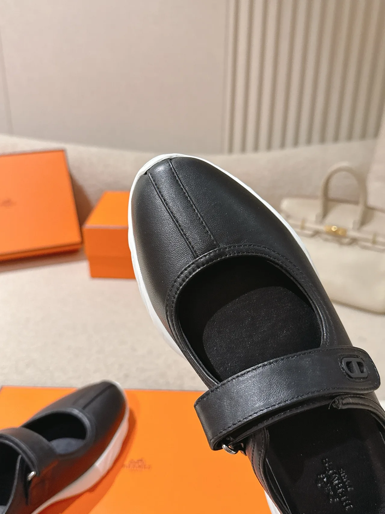 Hermes Lambskin Round-Toe Buckle Mary Jane Shoes in Black · view 8