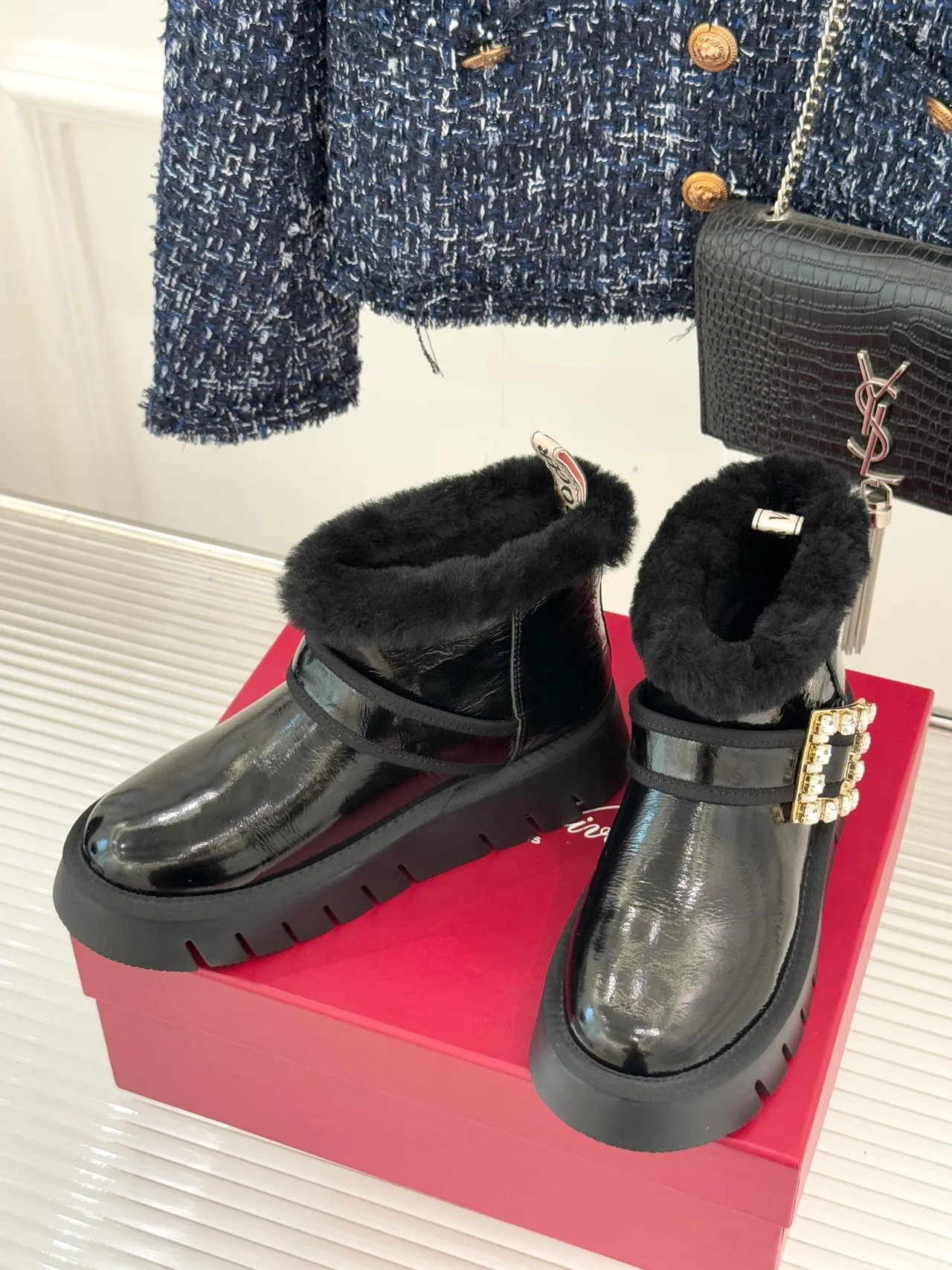 Roger Vivier Wool Glossy Fur-Lined Ankle Boots in Black · view 2