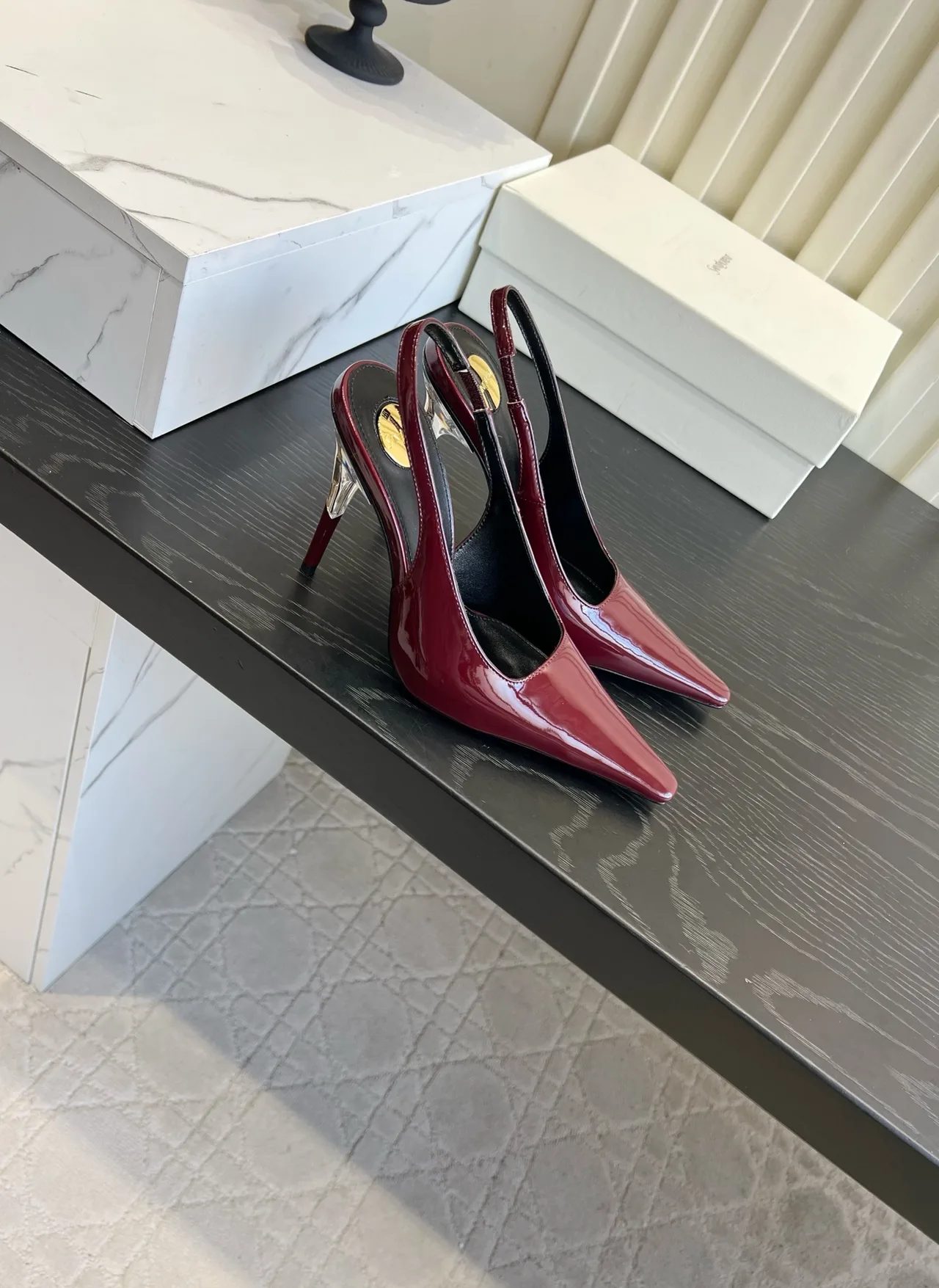 Saint Laurent Cowhide Silk Glossy Pointed-Toe Slingback Shoes in Burgundy · view 3