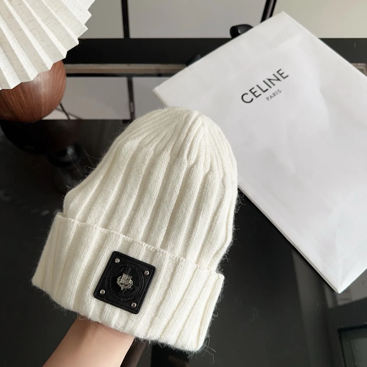 Celine Ribbed Beanie in Cream · view 3