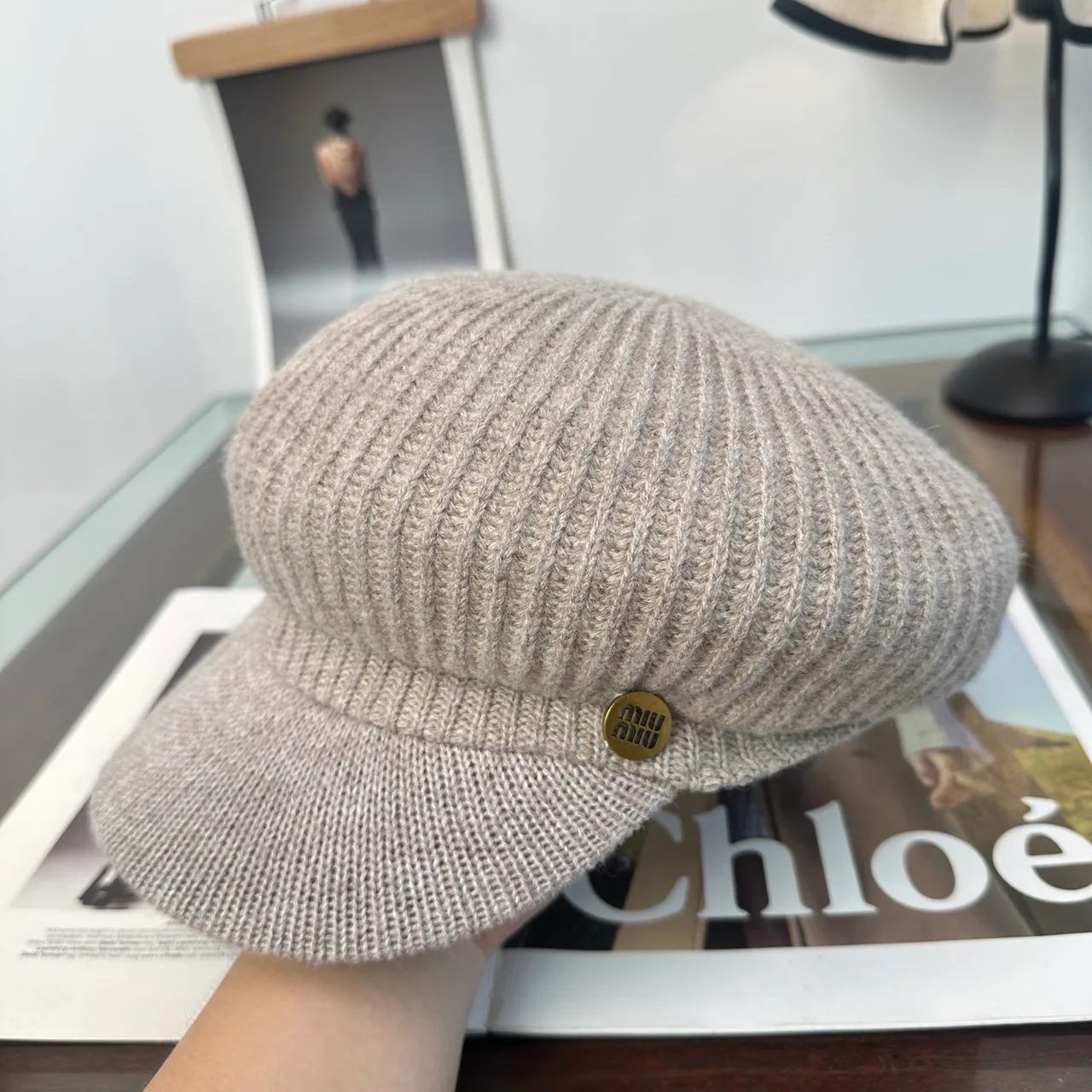 Miu Miu Knit Brimmed Cap in Grey & Black & White & Brown & Beige · view 7