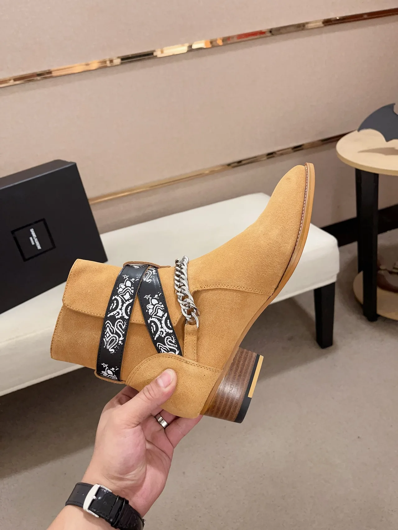 AMIRI Cowhide Suede-Look Pointed-Toe Bandana Strap Ankle Boots in Brown · view 5