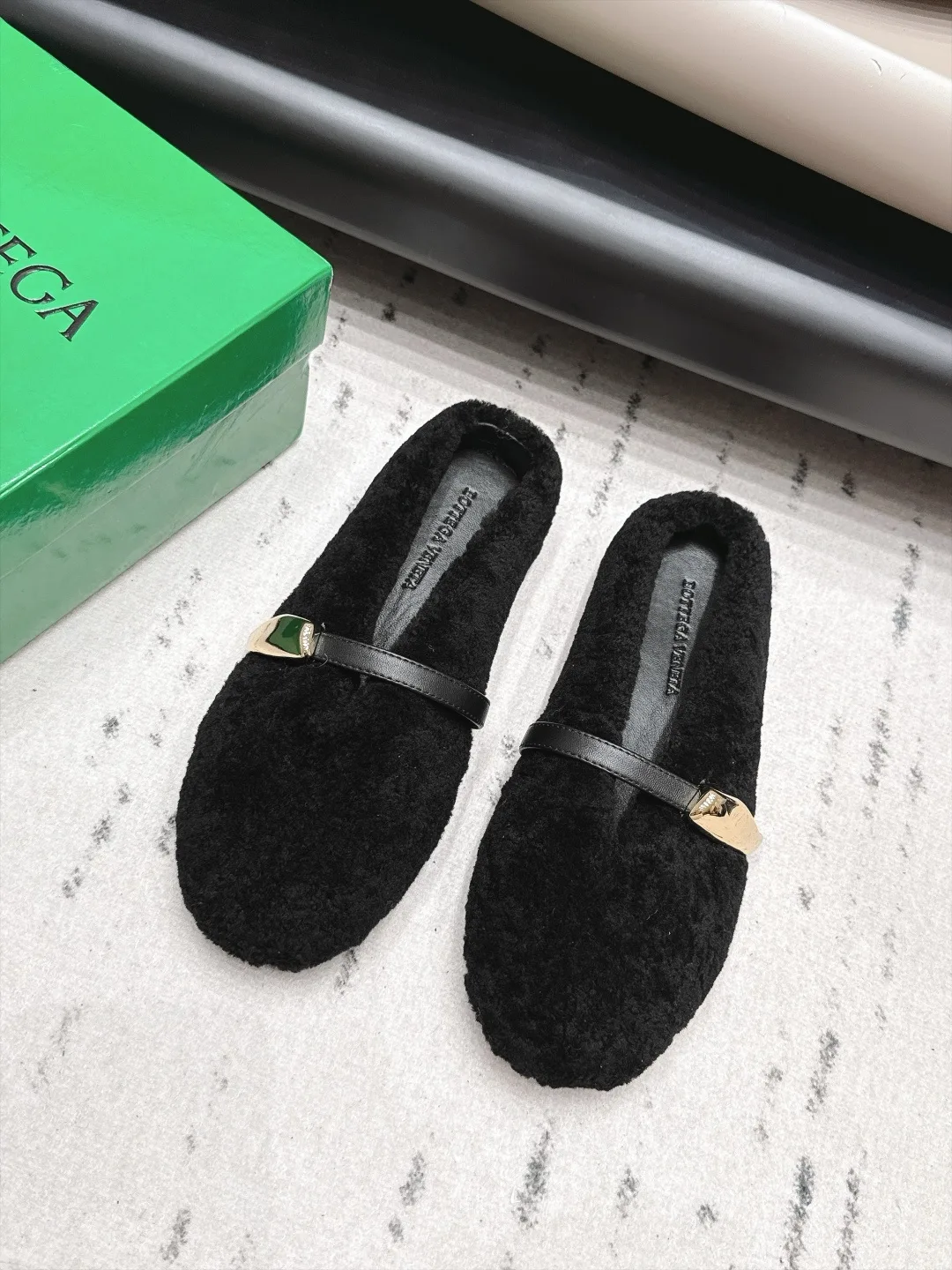 Bottega Veneta Sheepskin Round-Toe Buckle Mary Jane Mules in Black · view 1