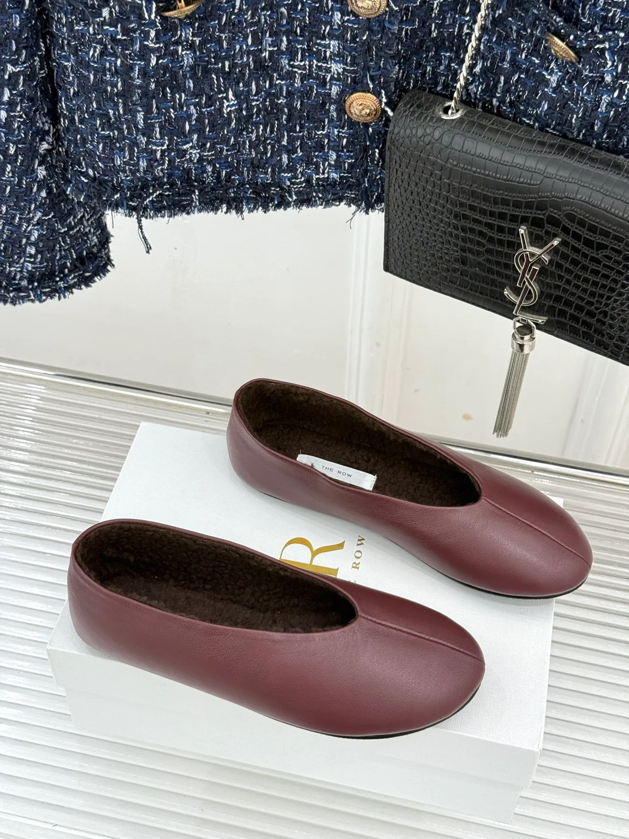 The Row Smooth Square-Toe Lined Ballet Flats in Burgundy · view 3