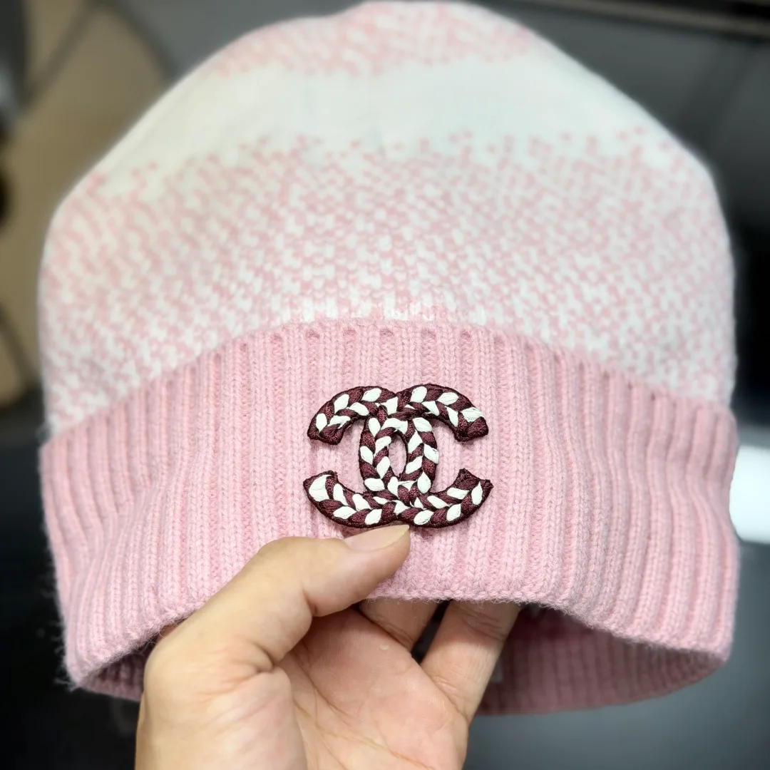 Chanel Ribbed Embroidered Beanie, Scarf and Gloves Set in Pink · view 4