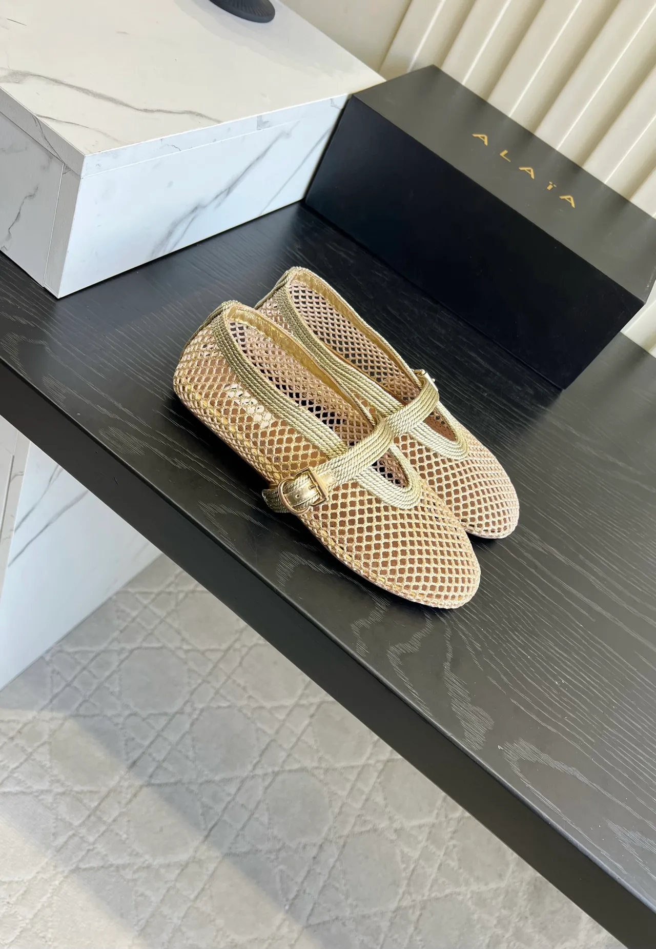 Alaia Sheepskin Mesh Mary Jane Flats in Gold · view 3
