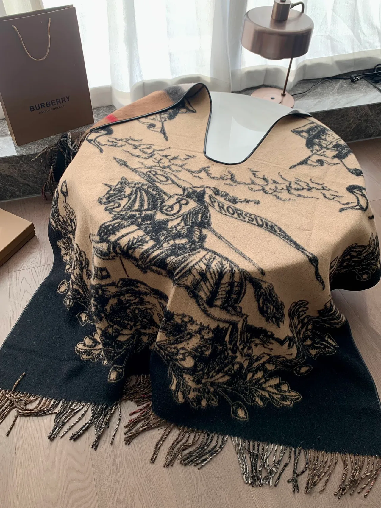 Burberry Wool Cashmere Reversible Check and Equestrian Poncho in Beige · view 7