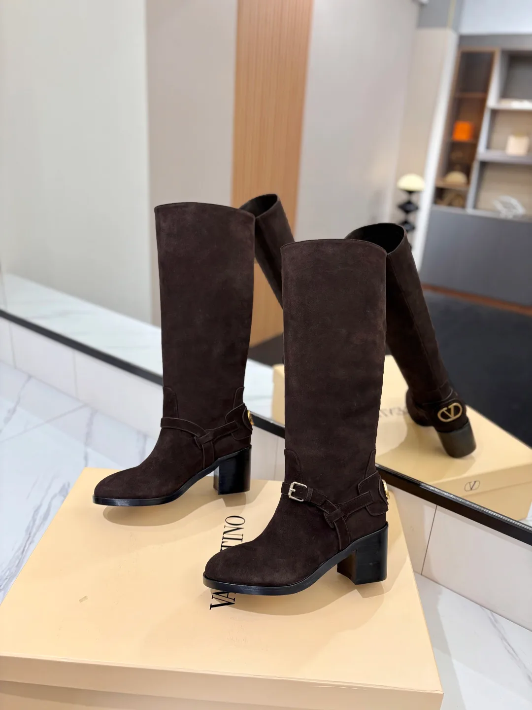 Valentino Calfskin Suede-Look Buckle Knee-High Boots in Brown · view 4