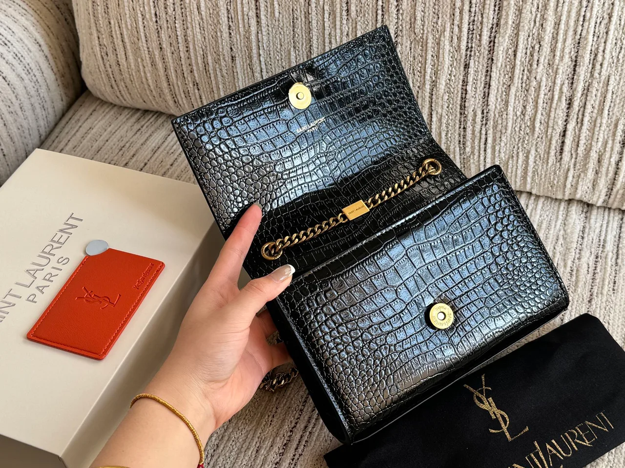 Saint Laurent Kate Croc-Pattern Chain Bag in Black · view 7