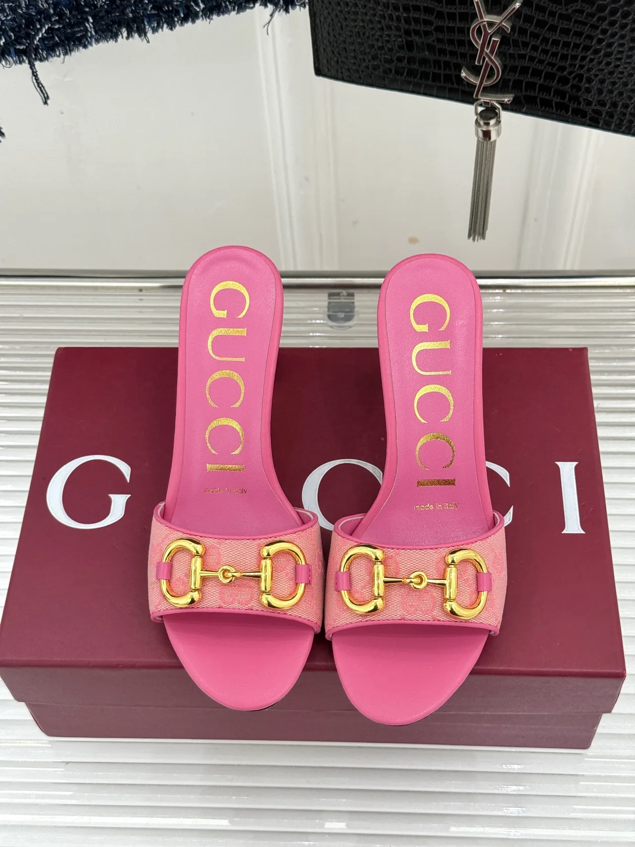 Gucci Canvas Denim Glossy Mules in Pink · view 4