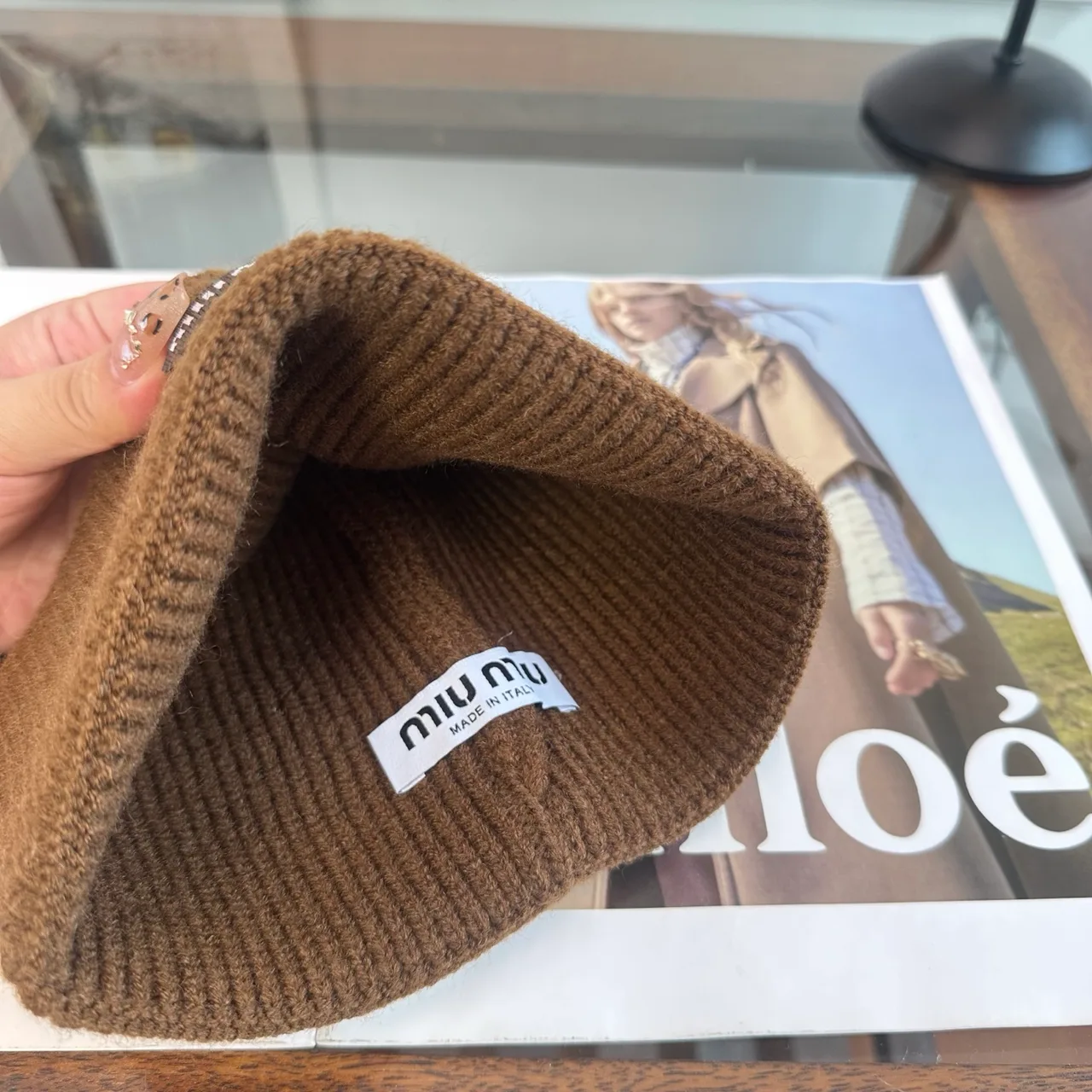 Miu Miu Ribbed Beanie in Brown · view 8