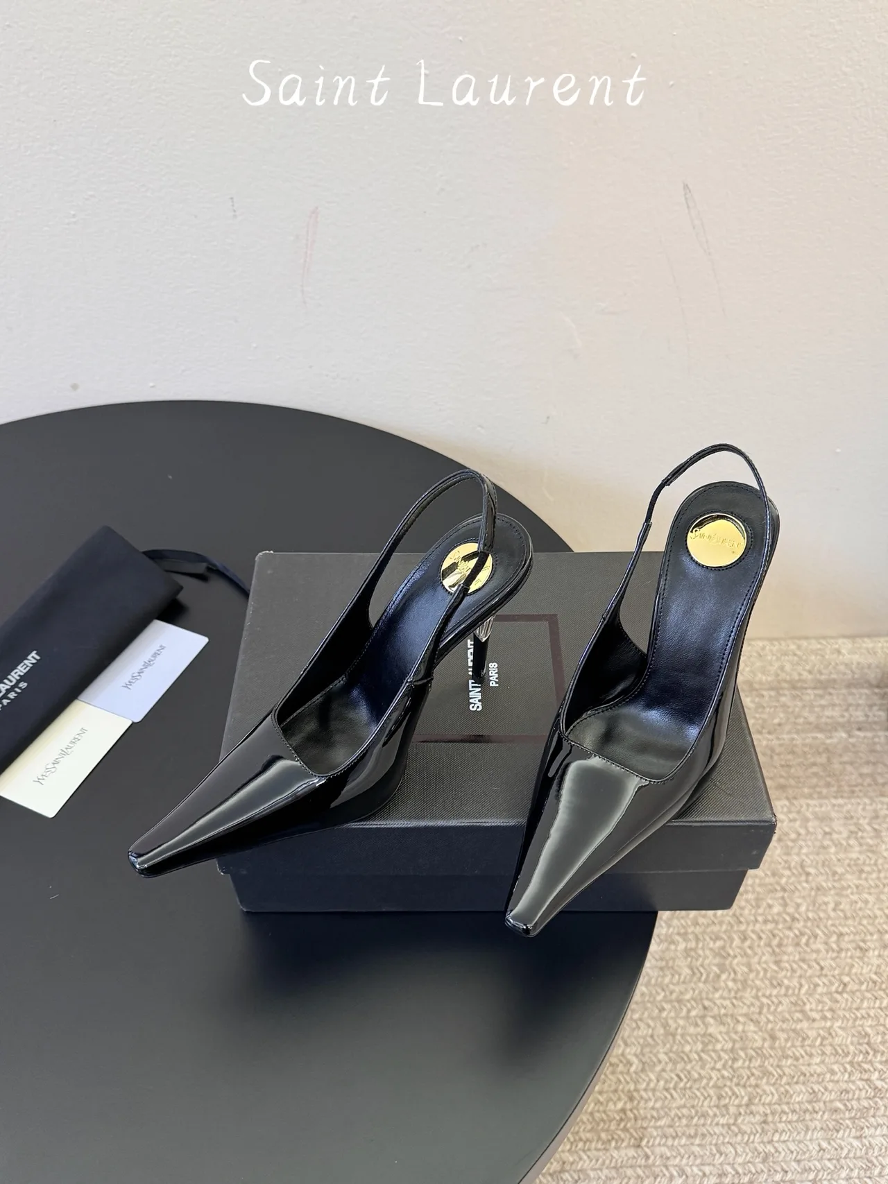Saint Laurent Glossy Pointed-Toe Sandals in Black · view 3