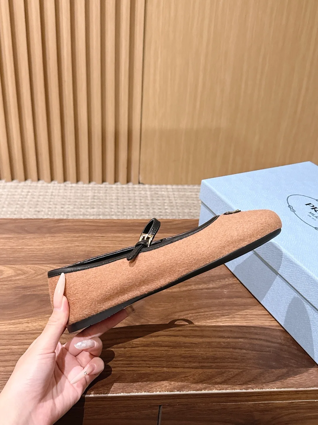 Prada Buckle Mary Jane Flats in Tan · view 5