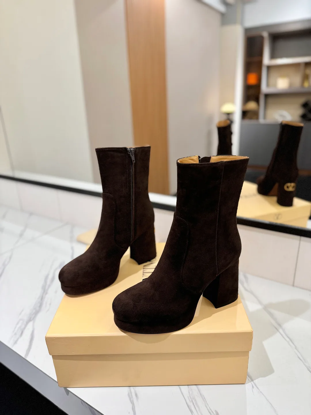 Valentino Cowhide Suede-Look Round-Toe Ankle Boots in Brown · view 2