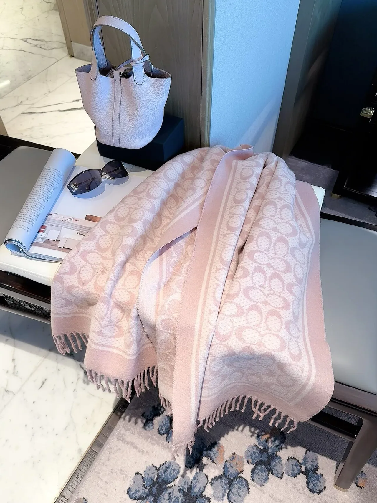 Coach C monogram fringed scarf in Pink & Black · view 1