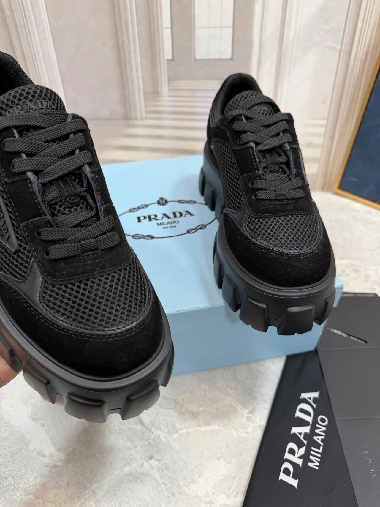 Prada Ribbed Lace-Up Sneakers in Black · view 7