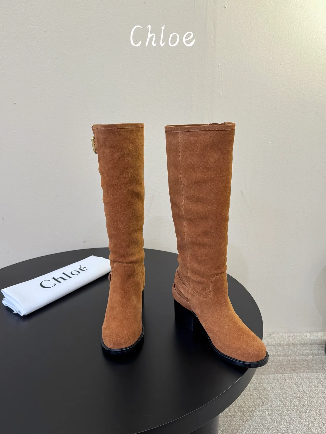 Chloe Cowhide Suede-Look Round-Toe Buckle Knee-High Boots in Brown · view 3