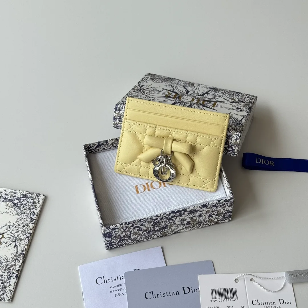 Dior Lambskin Quilted Glossy Bow Cardholder in Yellow · view 1