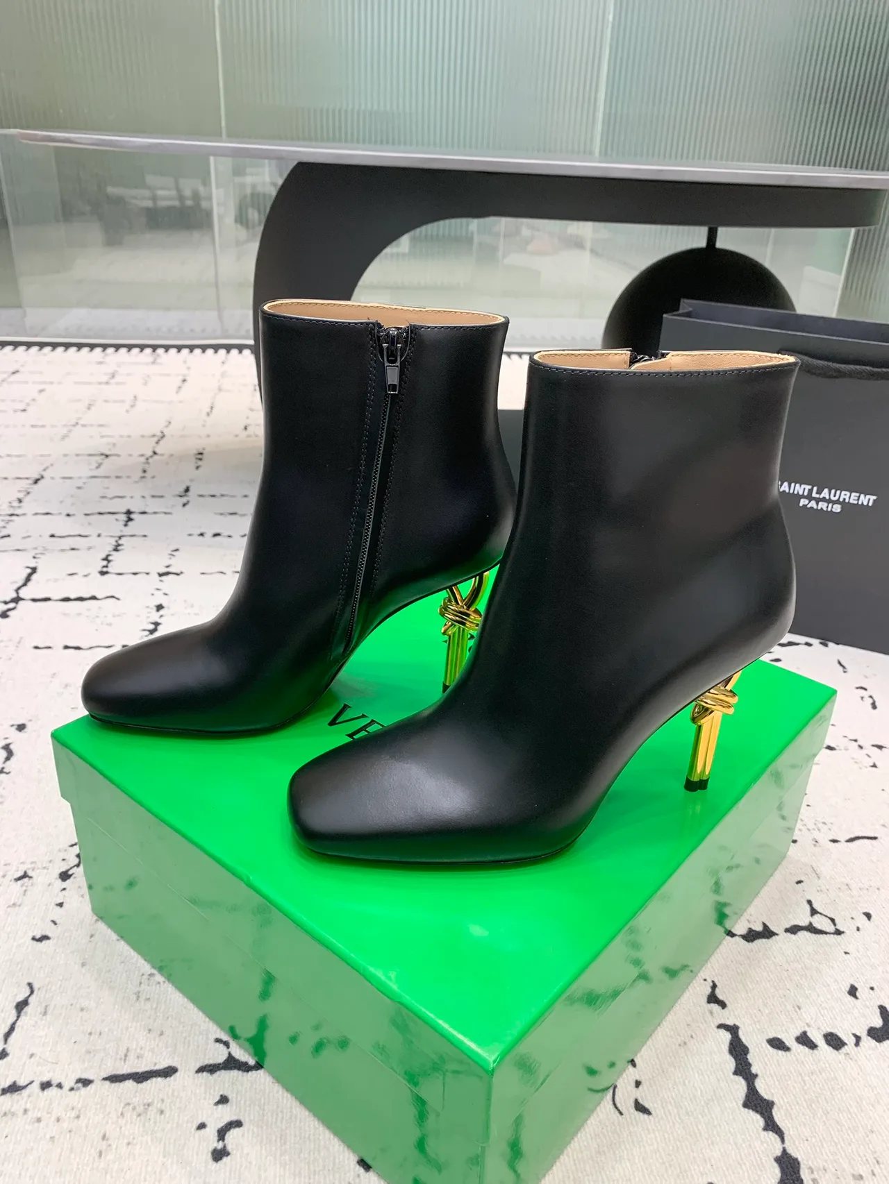 Calfskin Smooth Pointed-Toe Knot-Heel Ankle Boots in Black · view 3