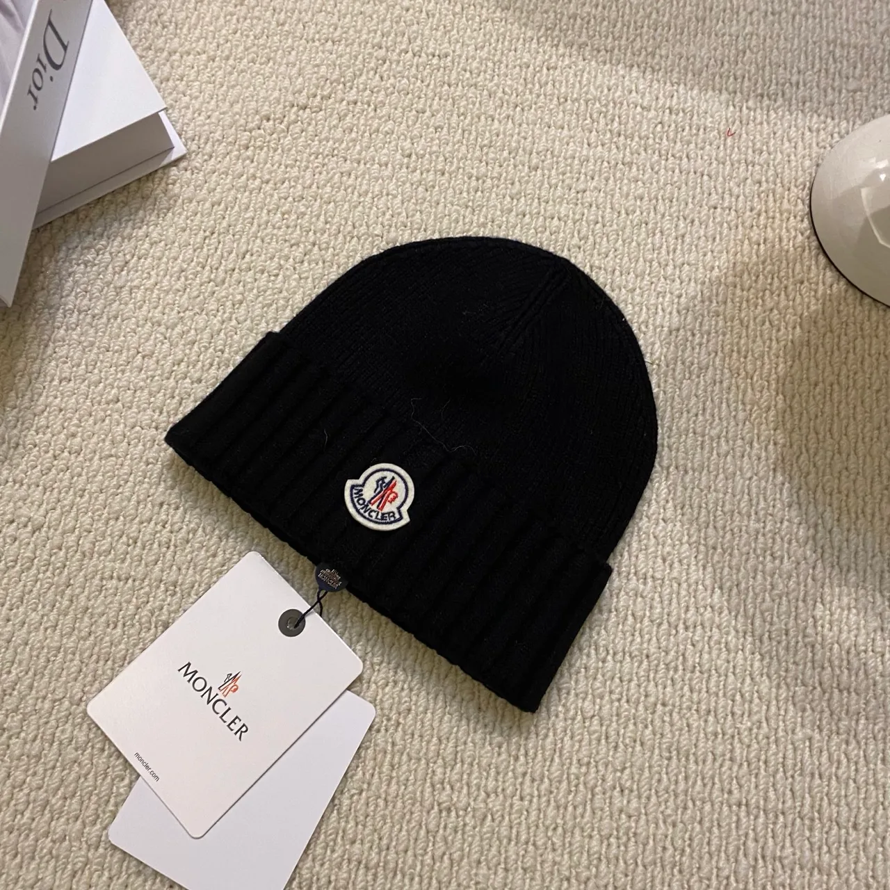 Moncler Rib-knit logo beanie in Black & Beige & Brown & Green & Blue & Grey · view 1