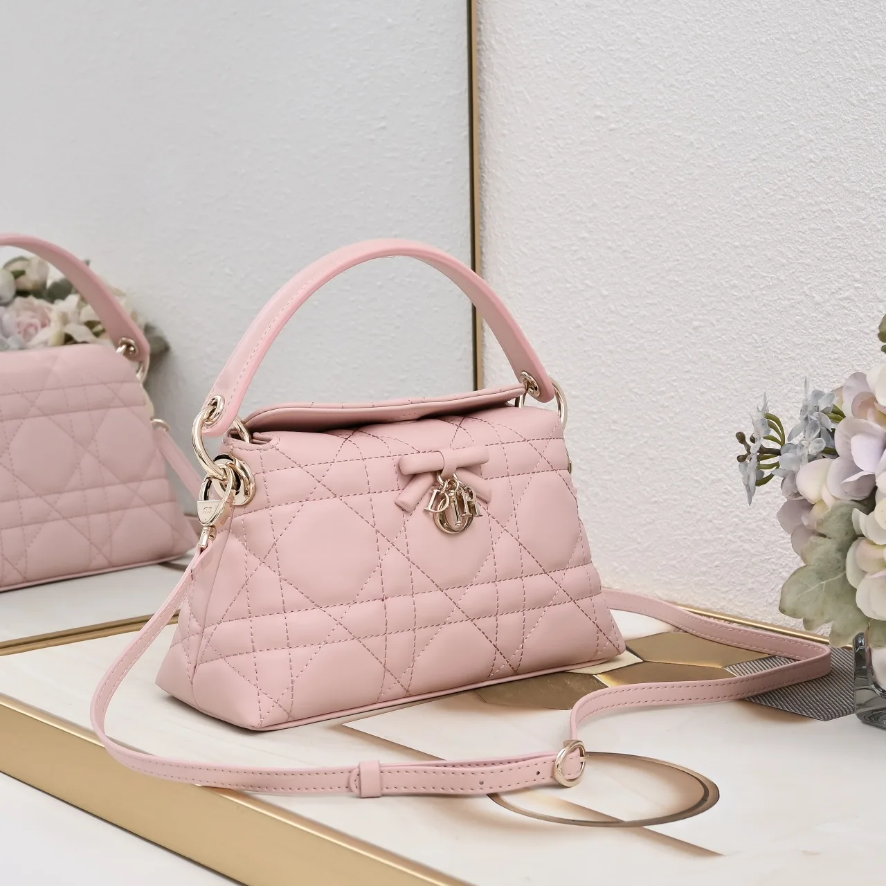 Dior Sheepskin Quilted Top-Handle Bag in Pink · view 2