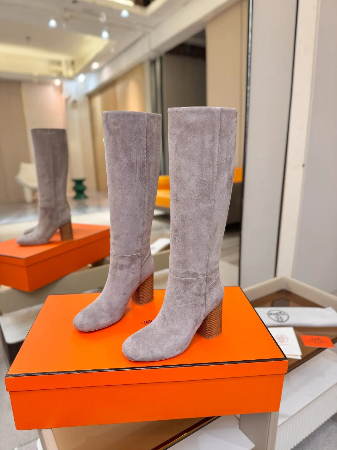 Hermes Cowhide Knee-High Boots in Grey · view 5