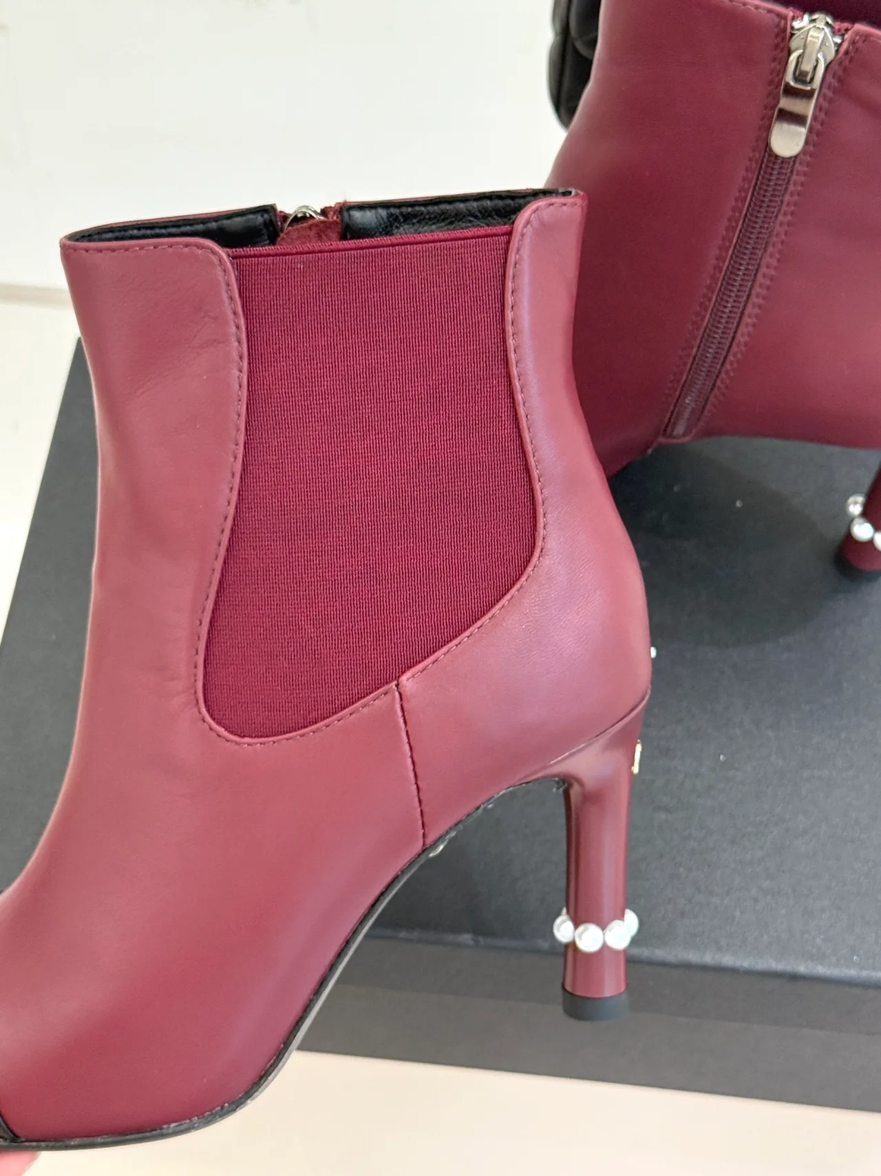 Chanel Lambskin Glossy Pointed-Toe Round-Toe Ankle Boots in Burgundy · view 6