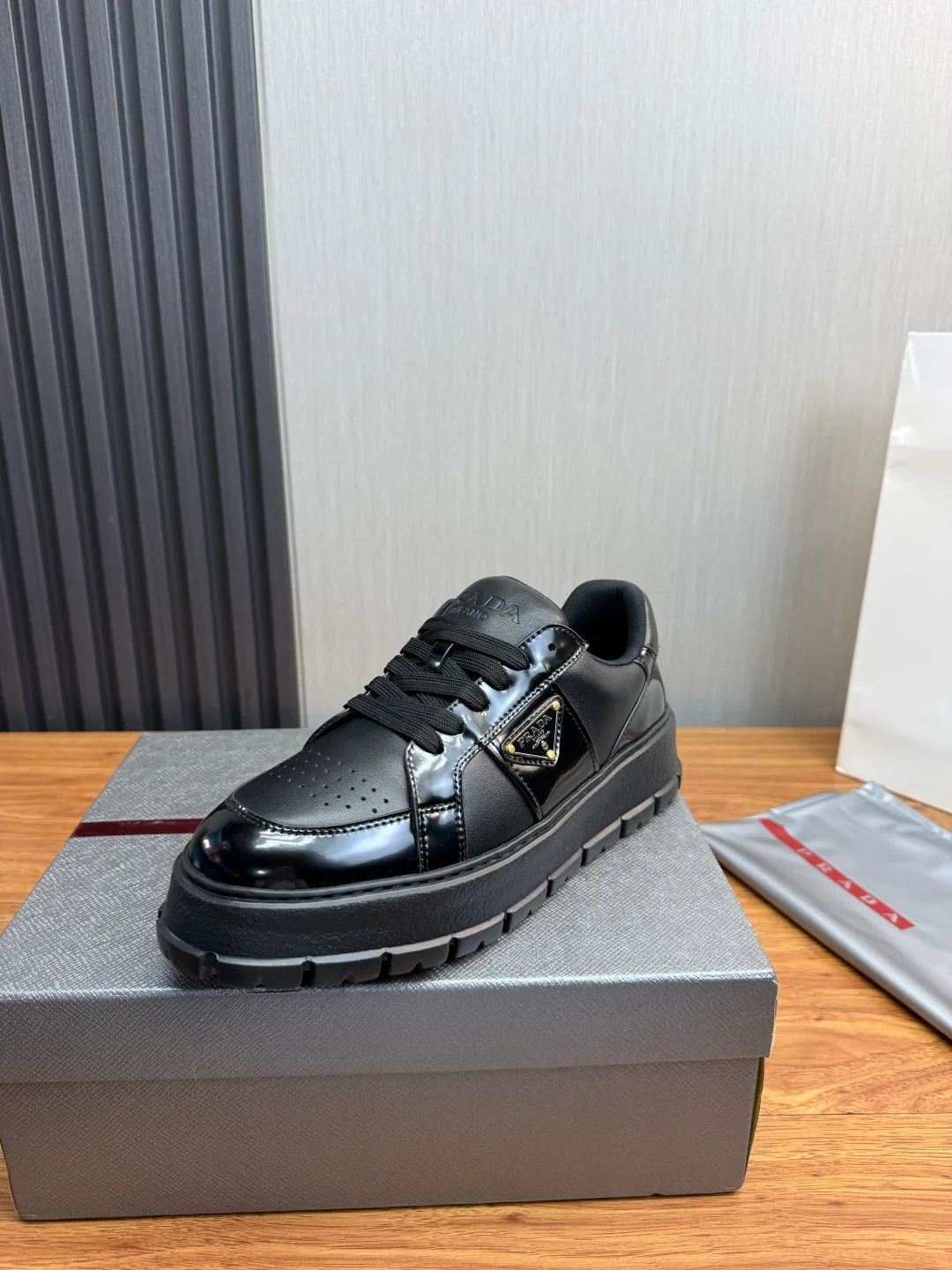 Prada Leather Sneakers in White & Black · view 4