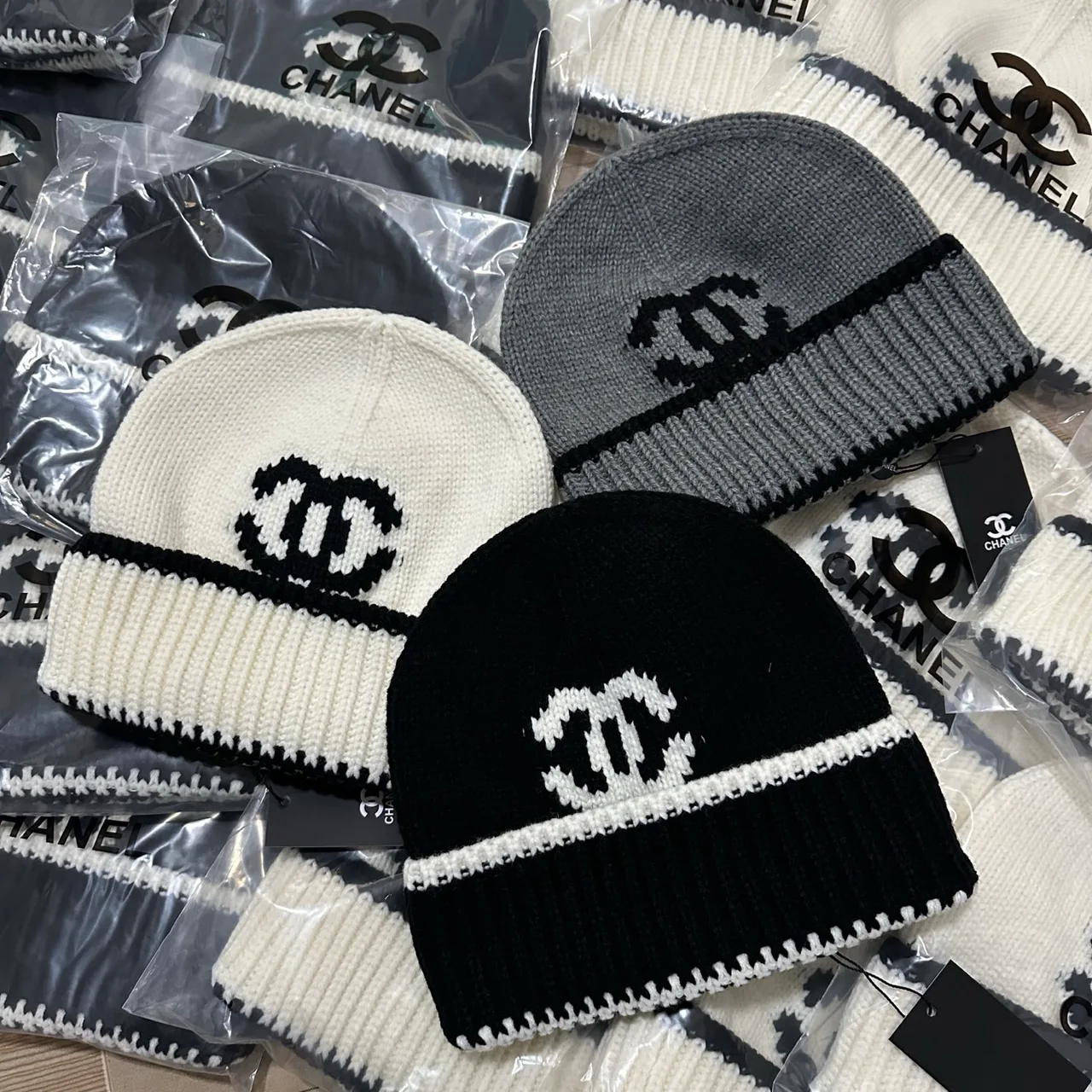 Chanel CC Stripe Beanie in White & Black & Grey · view 6